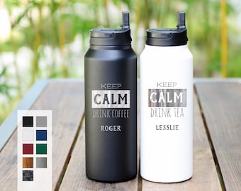 Personalized 32oz Coffee Bottle | Comfortable Silicone Drinking Spout | Coffee Lovers Gift | Custom Name Engraved Water Bottle | FREE SHIP