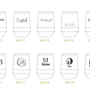 Puede incluir: Diez dise&ntilde;os diferentes para vasos de vino personalizados. Cada vaso presenta un nombre o dise&ntilde;o diferente, incluyendo "Jackson", "Crystal", "Marilyn", "Annalise", "ALESTA", "JAMES", "Stella", "Marian", "Tony" y "YOUR LOGO HERE".