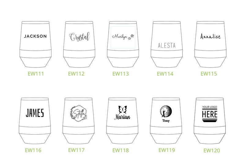 Puede incluir: Diez dise&ntilde;os diferentes para vasos de vino personalizados. Cada vaso presenta un nombre o dise&ntilde;o diferente, incluyendo "Jackson", "Crystal", "Marilyn", "Annalise", "ALESTA", "JAMES", "Stella", "Marian", "Tony" y "YOUR LOGO HERE".