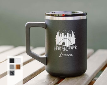 Personalized 16oz Camping Mug - Insulated Stainless Steel Camp Mug w/ Sliding Lid | 6hrs Hot or 12hrs Cold Drinks | Light Weight Travel Mug