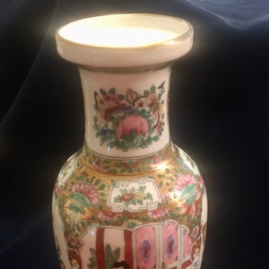 Oriental Porcelain Vase, Hand Painted Asian Vase, Geisha Scenes, Bird of Paradise, Oriental Flowers & Butterflies Gold Rimmed Vase image 1