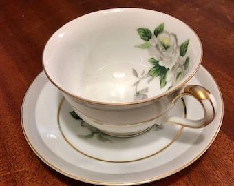 Japanese Porcelain Cup and Saucer, White Rose Pattern, Gold Rim Cup and Saucer, Made in Japan