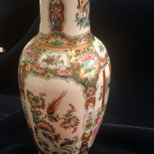 Oriental Porcelain Vase, Hand Painted Asian Vase, Geisha Scenes, Bird of Paradise, Oriental Flowers & Butterflies Gold Rimmed Vase image 5