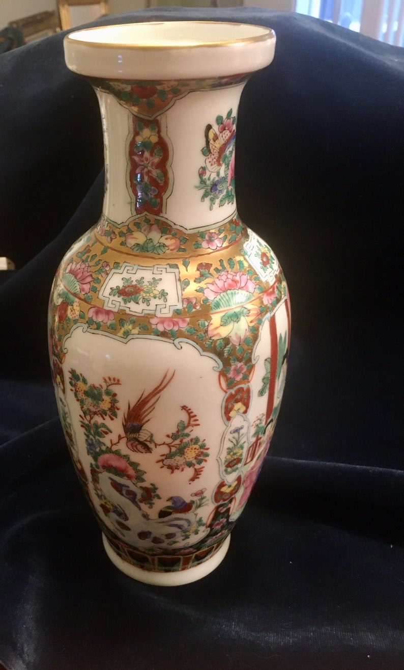 Oriental Porcelain Vase, Hand Painted Asian Vase, Geisha Scenes, Bird of Paradise, Oriental Flowers & Butterflies Gold Rimmed Vase image 5