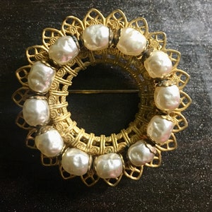 1950’s Miriam Haskell Filigree Brooch with Faux Baroque Pearls,  Miriam Haskell Pin, Round Brooch, Vintage Brooch, Vintage Pin