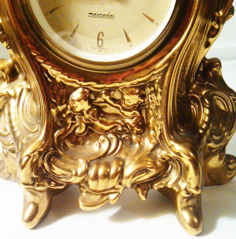 Antique Mercedes Gilt Gold Mantle Clock, West Germany, Regency Style, Ornate Design, Gold Cherubs, Decorative Clock, Antique Clock image 4