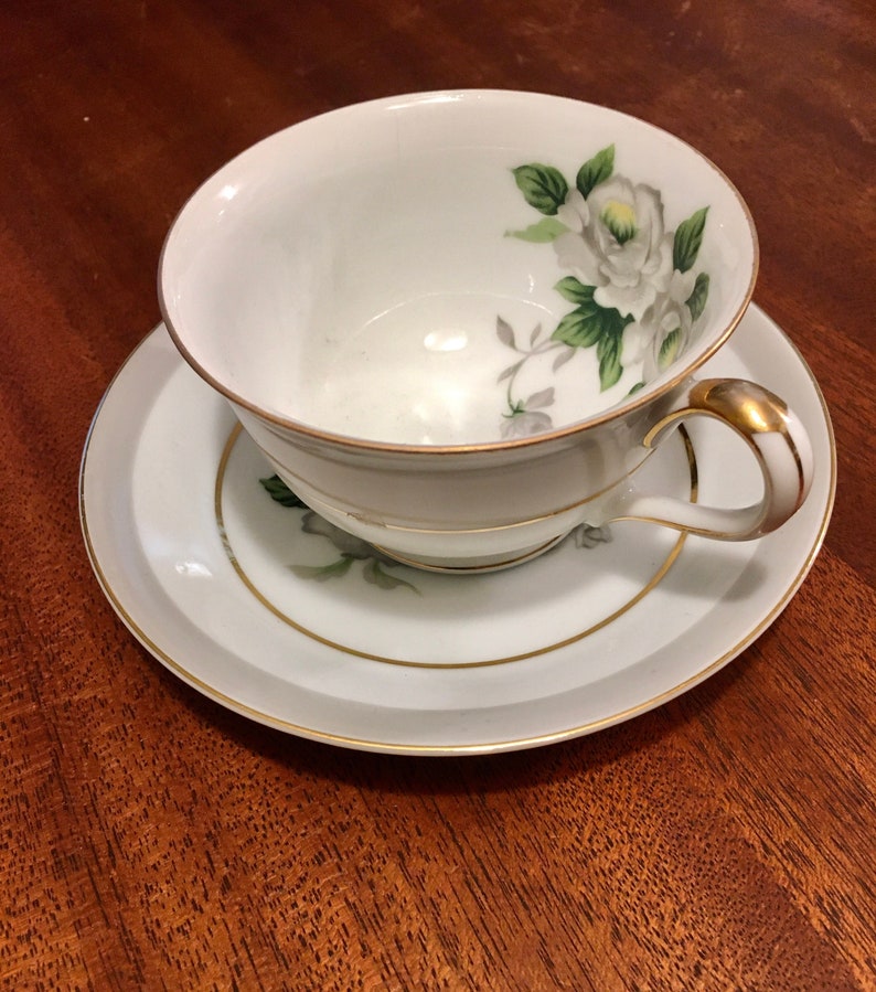 Japanese Porcelain Cup and Saucer, White Rose Pattern, Gold Rim Cup and Saucer, Made in Japan image 1