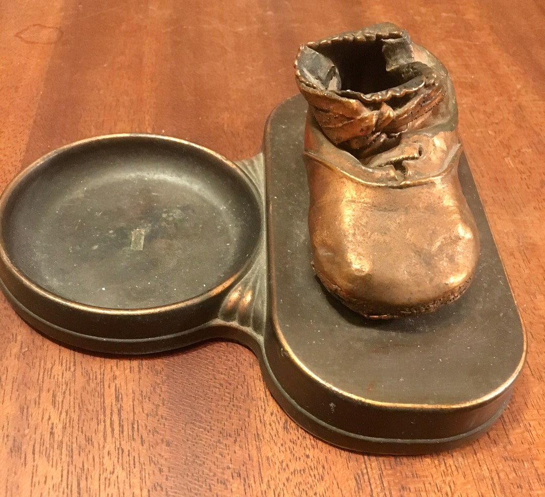 Vintage Bronze Baby Shoe With Attached Ashtray, Baby Memorabilia