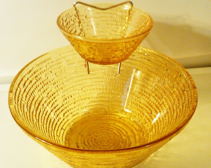 Mid Century Amber Glass Chip & Dip Set Vintage Bowls Etsy