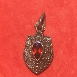 Silver Marcasite Necklace Pendant with Ruby Stone, Exquisite Marcasite Necklace Fob, Victorian Design, Ruby Jewel image 1