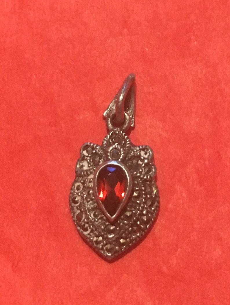 Silver Marcasite Necklace Pendant with Ruby Stone, Exquisite Marcasite Necklace Fob, Victorian Design, Ruby Jewel image 1