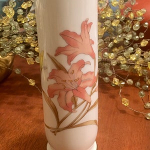 Japanese Porcelain Flower Vase, Hand Painted Vase, Gold Rim Vase, Porcelain Bud Vase, Pink Iris, yellow Butterfly, Home Decor image 1