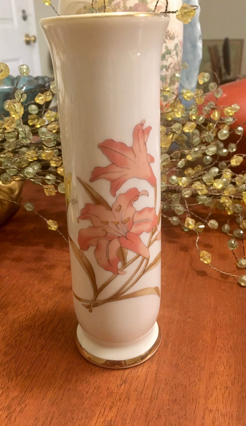 Japanese Porcelain Flower Vase, Hand Painted Vase, Gold Rim Vase, Porcelain Bud Vase, Pink Iris, yellow Butterfly, Home Decor image 1