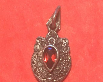 Vintage Silver Marcasite Necklace Pendant with Ruby Stone