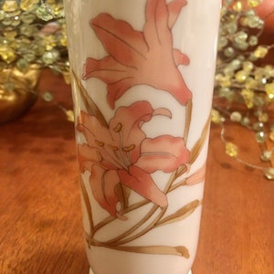 Japanese Porcelain Flower Vase, Hand Painted Vase, Gold Rim Vase, Porcelain Bud Vase, Pink Iris, yellow Butterfly, Home Decor image 2