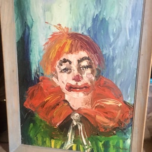 Oil on Board Clown Painting, Sad Clown Painting, Signed Original Art. Circus Clown, Colorful Clown Painting, Expressive Eyes