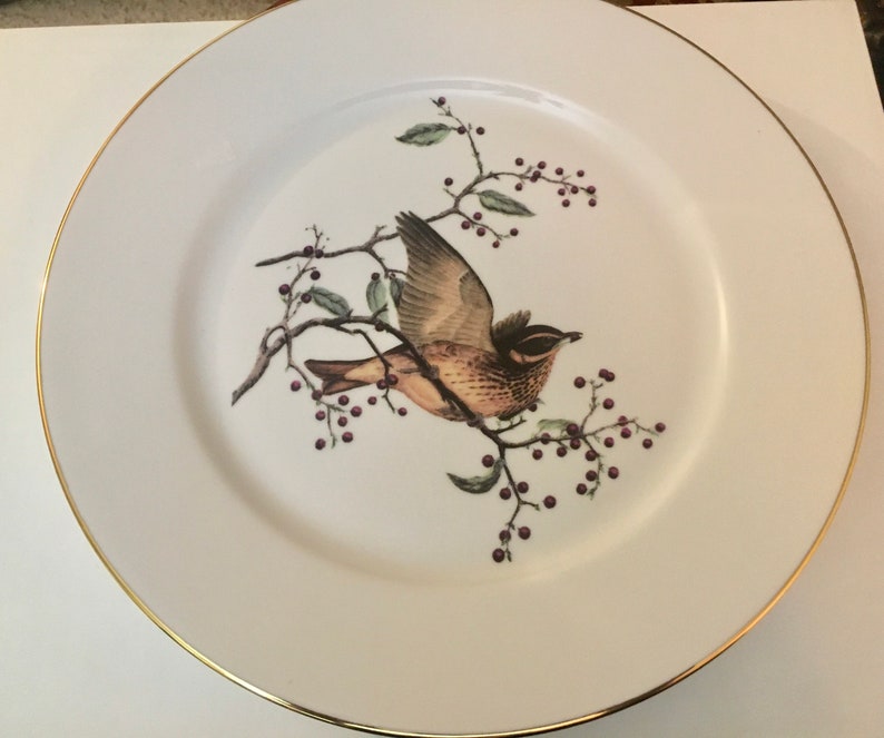 Andrea by Sadek Porcelain Cake Plate & Cake Knife, Gold rim Cake Plate, 1O inch Cake Plate, Bird in Berry Tree, Serving Platter image 2