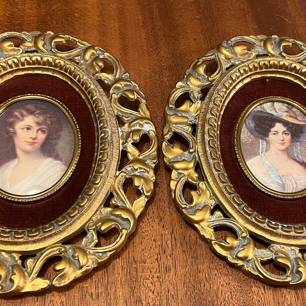 Vintage Italian Cameo in Ornate Gold Scroll Frame, A Cameo Creation, Unknown Lady & Unknown Girl, Burgundy Velour Mat, Vintage home Decor