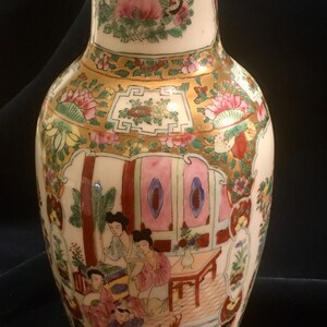 Oriental Porcelain Vase, Hand Painted Asian Vase, Geisha Scenes, Bird of Paradise, Oriental Flowers & Butterflies Gold Rimmed Vase image 7