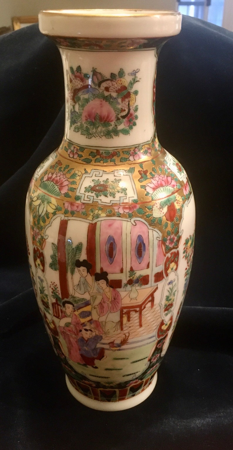 Oriental Porcelain Vase, Hand Painted Asian Vase, Geisha Scenes, Bird of Paradise, Oriental Flowers & Butterflies Gold Rimmed Vase image 7