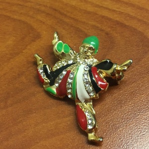 Colorful Court Jester Enameled Pin,  brooch with faux diamods, Retro Clown pin, Vintage enameled pin