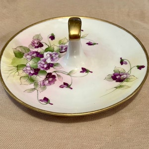 Vintage Nippon Hand Painted Porcelain Dish, Violets & Gold Beaded Exterior, Round Dish Floral Design