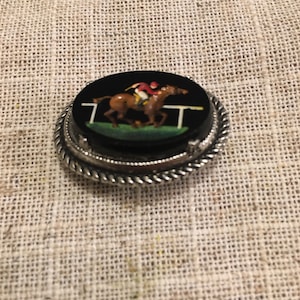 Rare  Horse Racing Brooch, Hand Painted Horse and Jockey Pin, Oval Brooch depicting Horse on Race Track