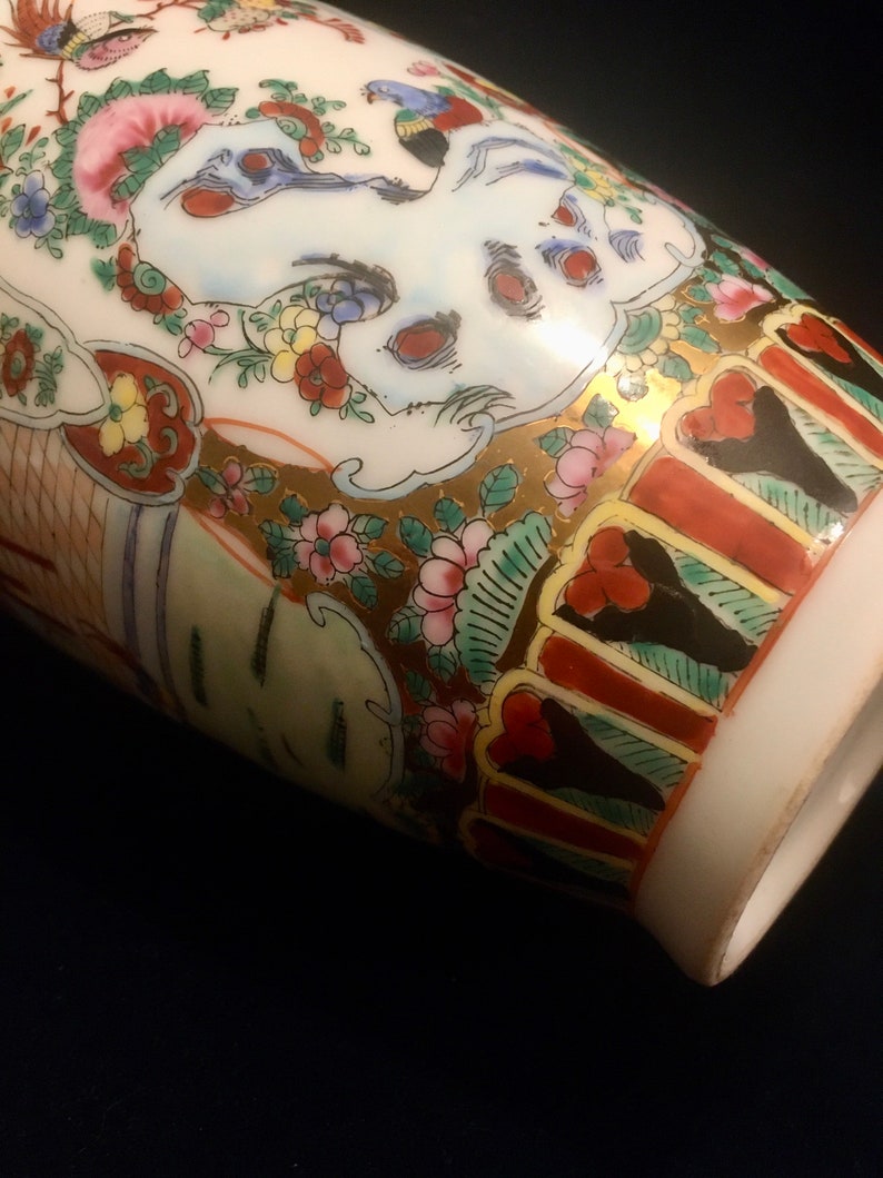 Oriental Porcelain Vase, Hand Painted Asian Vase, Geisha Scenes, Bird of Paradise, Oriental Flowers & Butterflies Gold Rimmed Vase image 2