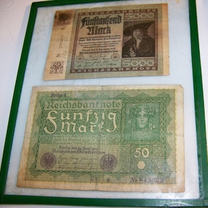 1919 German 50 Mark Rehi 1 Reichsbanknote, 1922 German 5000 Mark, Protected under glass frame
