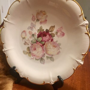 Schumann Arzberg Germany Porcelain Cake Plate, Antique Rose Pattern, Gold Rim Plate, 12 inch Cake Plate, Floral Center image 1