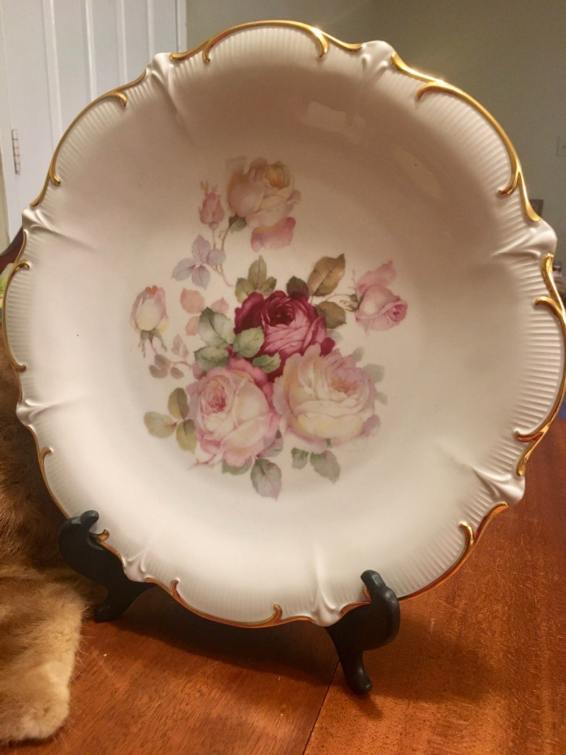 Schumann Arzberg Germany Porcelain Cake Plate, Antique Rose Pattern, Gold Rim Plate, 12 inch Cake Plate, Floral Center image 1