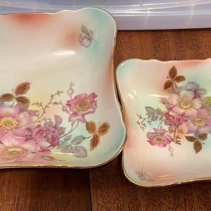 Bavaria Schumann Arbery German Hand Painted Bowls with Floral Design, Scalloped Rim, Gold Trim, Pink and Green Flowers