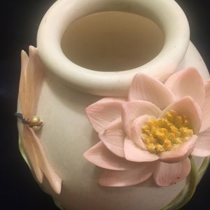 Art Pottery Vase with Dragonfly & Waterlily Design, Water Lilly Vase, Dragonfly Vase, Exotic Vase with Raised Design image 2