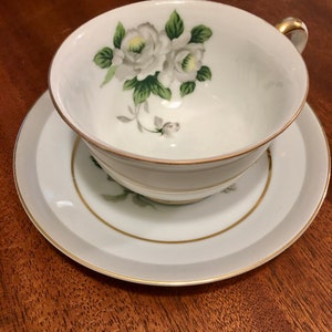 Japanese Porcelain Cup and Saucer, White Rose Pattern, Gold Rim Cup and Saucer, Made in Japan image 3