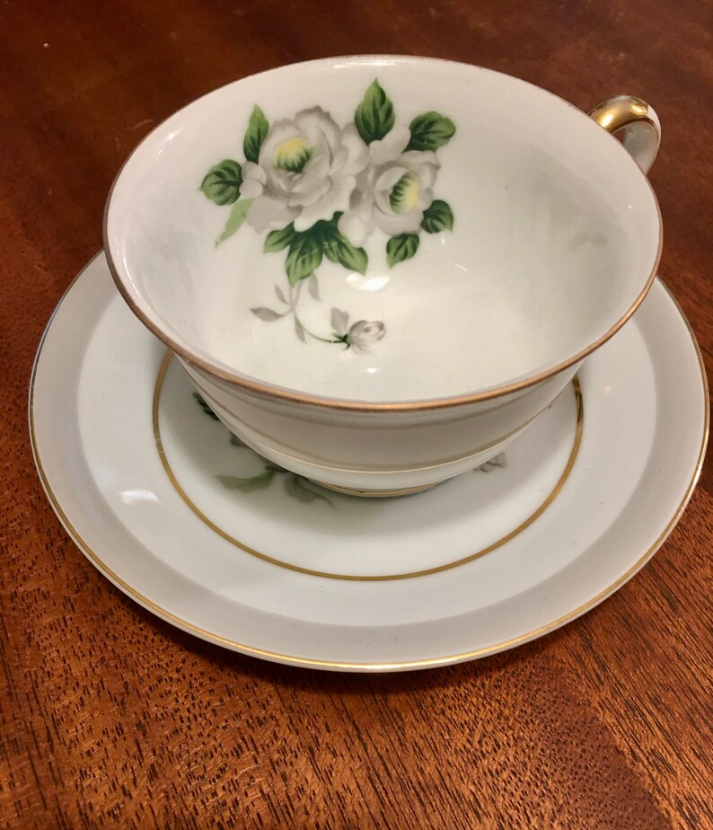 Japanese Porcelain Cup and Saucer, White Rose Pattern, Gold Rim Cup and Saucer, Made in Japan image 3