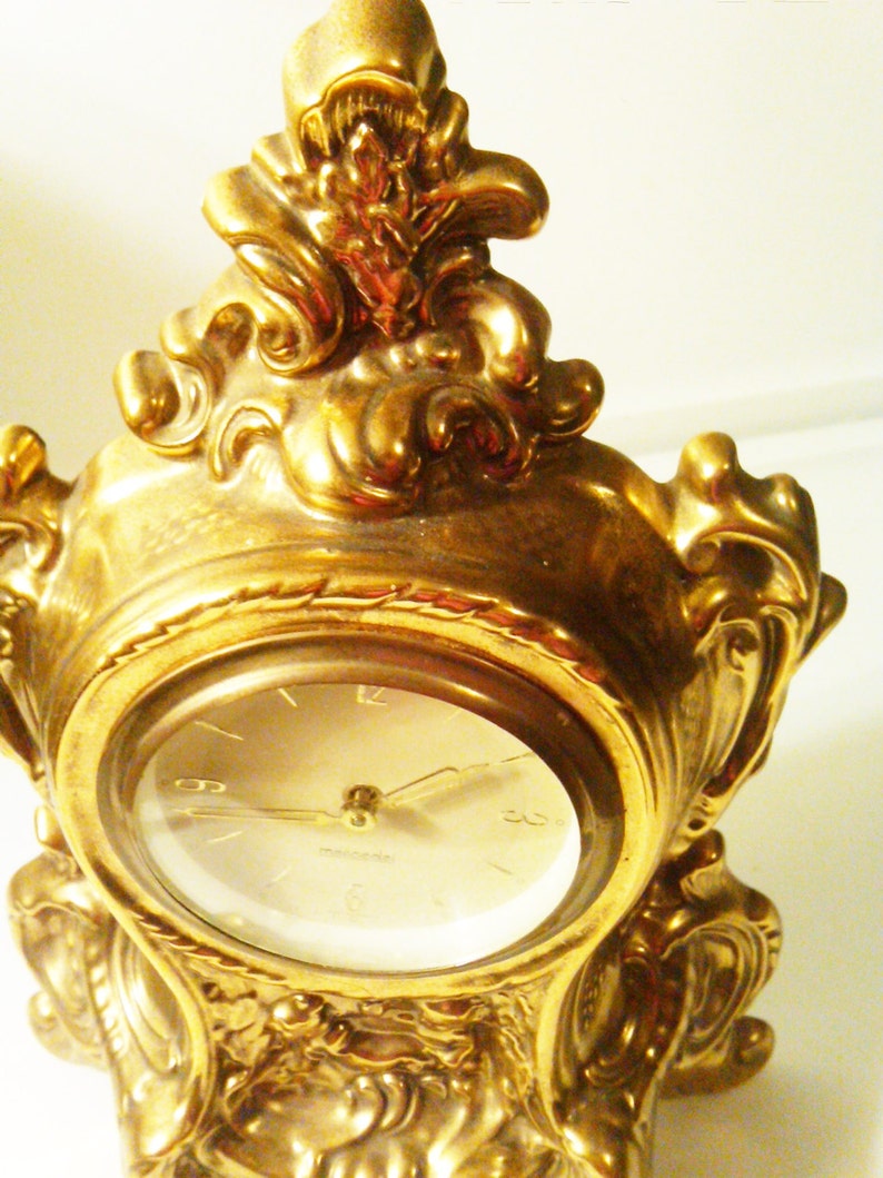 Antique Mercedes Gilt Gold Mantle Clock, West Germany, Regency Style, Ornate Design, Gold Cherubs, Decorative Clock, Antique Clock image 5