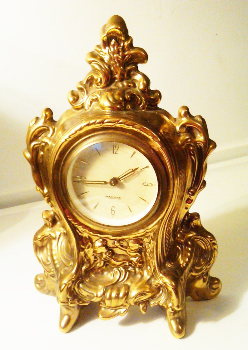 Antique Mercedes Gilt Gold Mantle Clock, West Germany, Regency Style, Ornate Design, Gold Cherubs, Decorative Clock, Antique Clock image 1