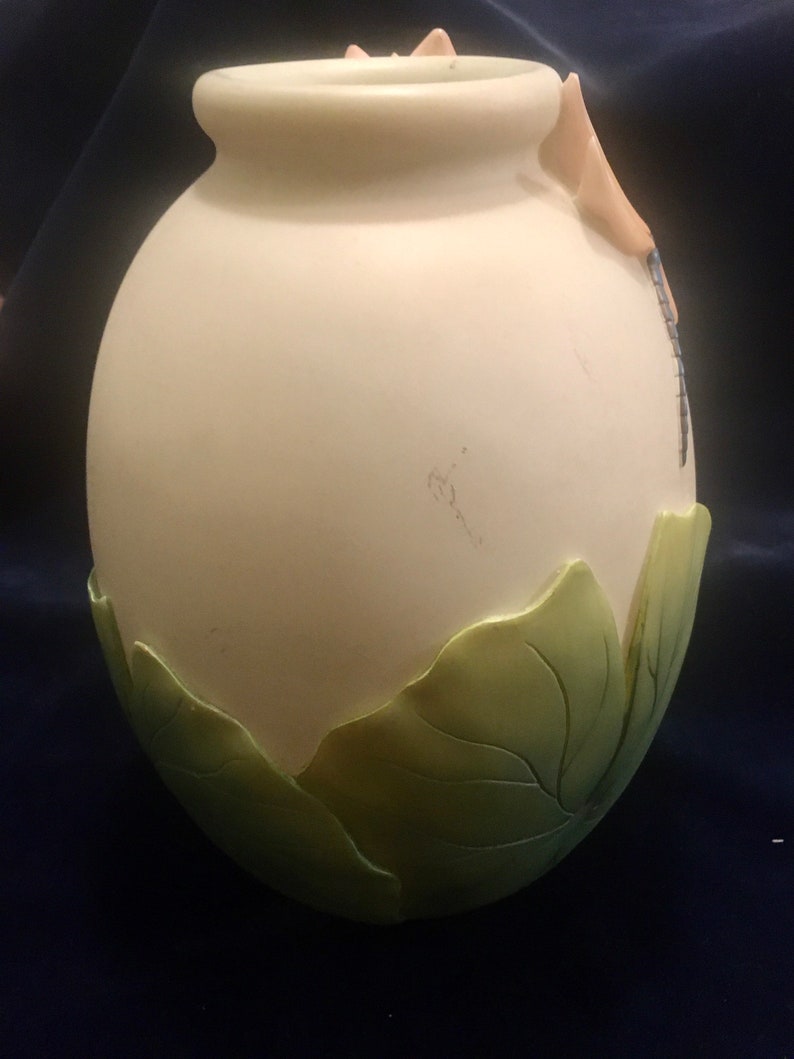 Art Pottery Vase with Dragonfly & Waterlily Design, Water Lilly Vase, Dragonfly Vase, Exotic Vase with Raised Design image 4