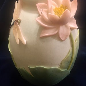 Art Pottery Vase with Dragonfly & Waterlily Design, Water Lilly Vase, Dragonfly Vase, Exotic Vase with Raised Design image 6