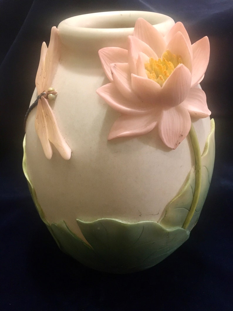 Art Pottery Vase with Dragonfly & Waterlily Design, Water Lilly Vase, Dragonfly Vase, Exotic Vase with Raised Design image 6