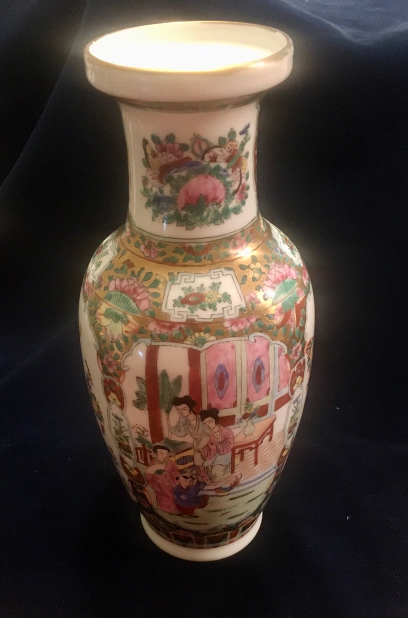 Oriental Porcelain Vase, Hand Painted Asian Vase, Geisha Scenes, Bird of Paradise, Oriental Flowers & Butterflies Gold Rimmed Vase image 1