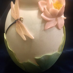 Art Pottery Vase with Dragonfly & Waterlily Design, Water Lilly Vase, Dragonfly Vase, Exotic Vase with Raised Design image 1