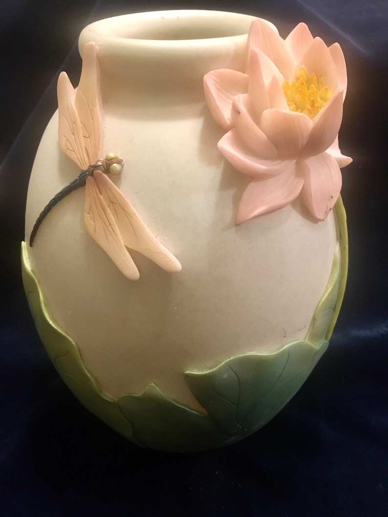 Art Pottery Vase with Dragonfly & Waterlily Design, Water Lilly Vase, Dragonfly Vase, Exotic Vase with Raised Design image 1