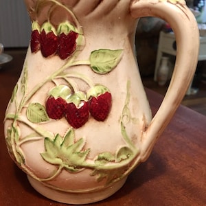 Majolica Strawberry Pitcher, Raised Strawberry Ceramic Pitcher, Vintage Decorative Pitcher, Red Interior
