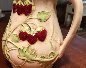 Majolica Strawberry Pitcher, Raised Strawberry Ceramic Pitcher, Vintage Decorative Pitcher, Red Interior