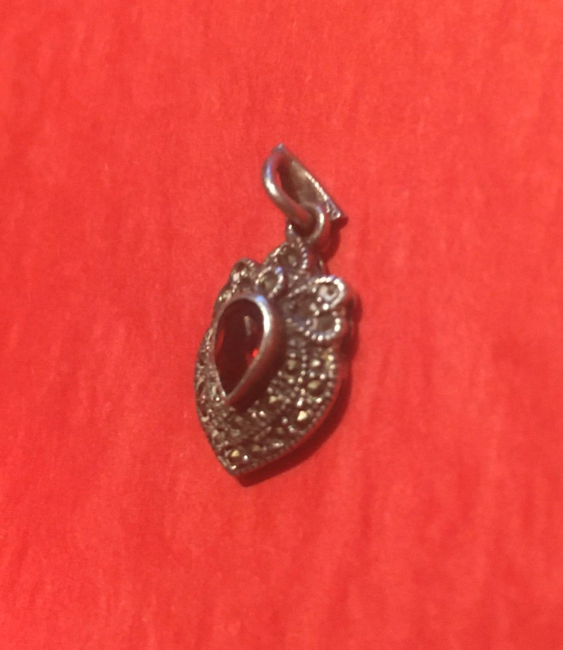 Silver Marcasite Necklace Pendant with Ruby Stone, Exquisite Marcasite Necklace Fob, Victorian Design, Ruby Jewel image 3