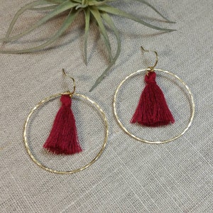 Silvina Tassel Earrings - Amaranth / Bohemian Earrings / Hoop Earrings /  Geometric / Hammered Brass