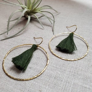 Silvina Tassel Earrings - Seaweed / Bohemian Earrings / Hoop Earrings /  Geometric / Hammered Brass