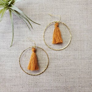 Silvina Tassel Earrings - Annatto / Bohemian Earrings / Hoop Earrings /  Geometric / Hammered Brass