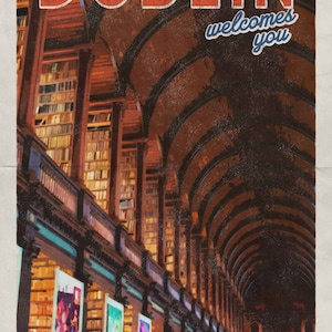 Trinity Library Dublin Ireland Travel Poster, Vintage Look European Photography - Digital